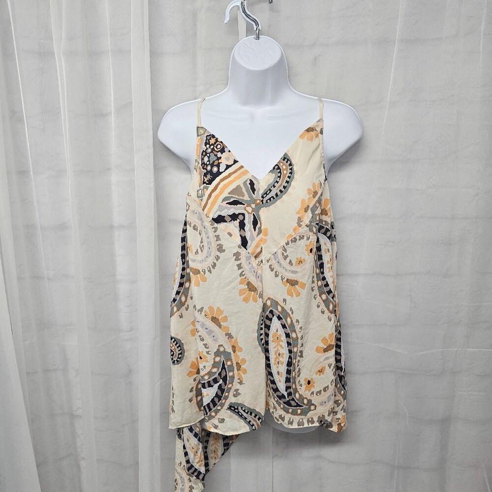 HD Cream Peach Floral Paisley Silk Tank Asymmetrical Hippie Boho Festival 10